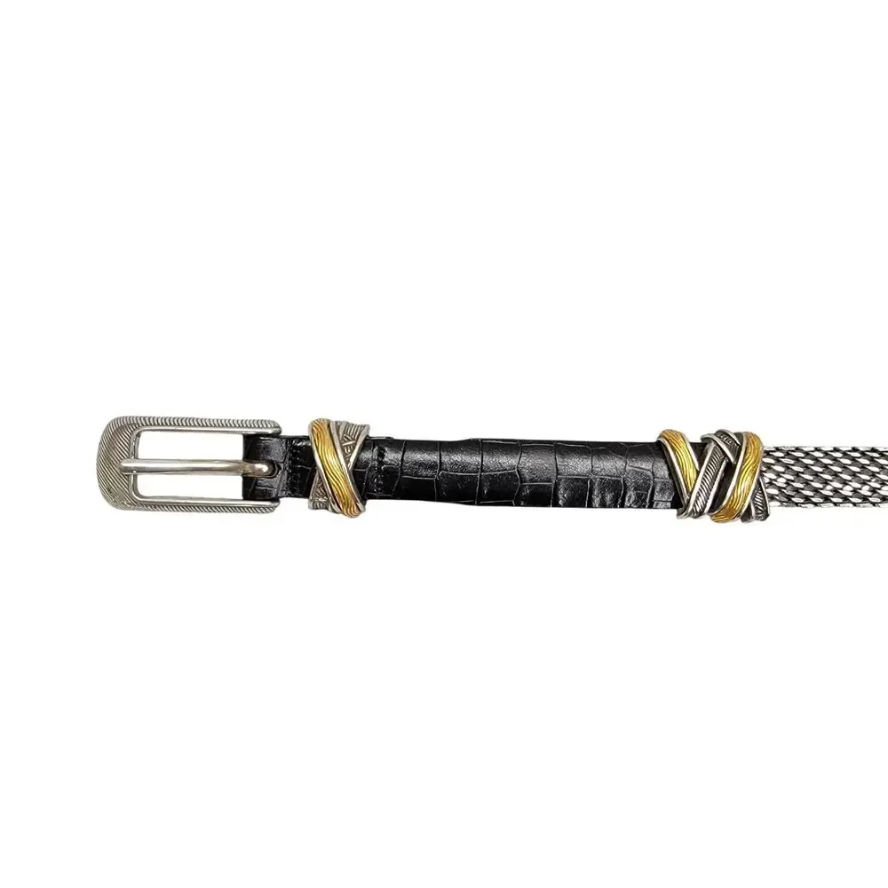 Brighton Womens Belt Size M 30 Black Leather Silver Mesh Chain Two Tone C5003